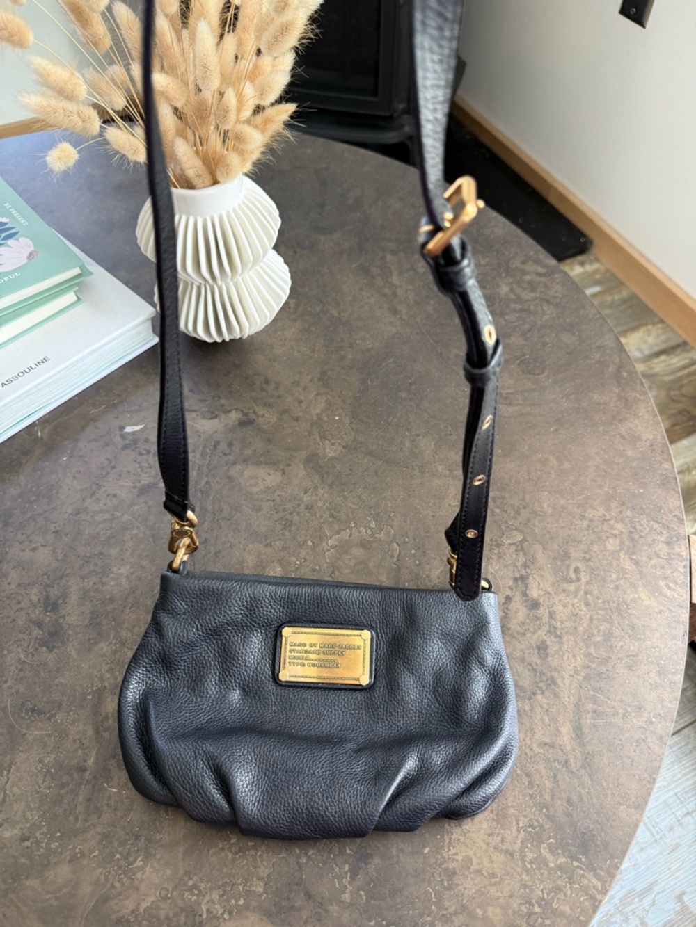 Marc Jacobs Black Pebbled Leather Crossbody with Gold Plaque